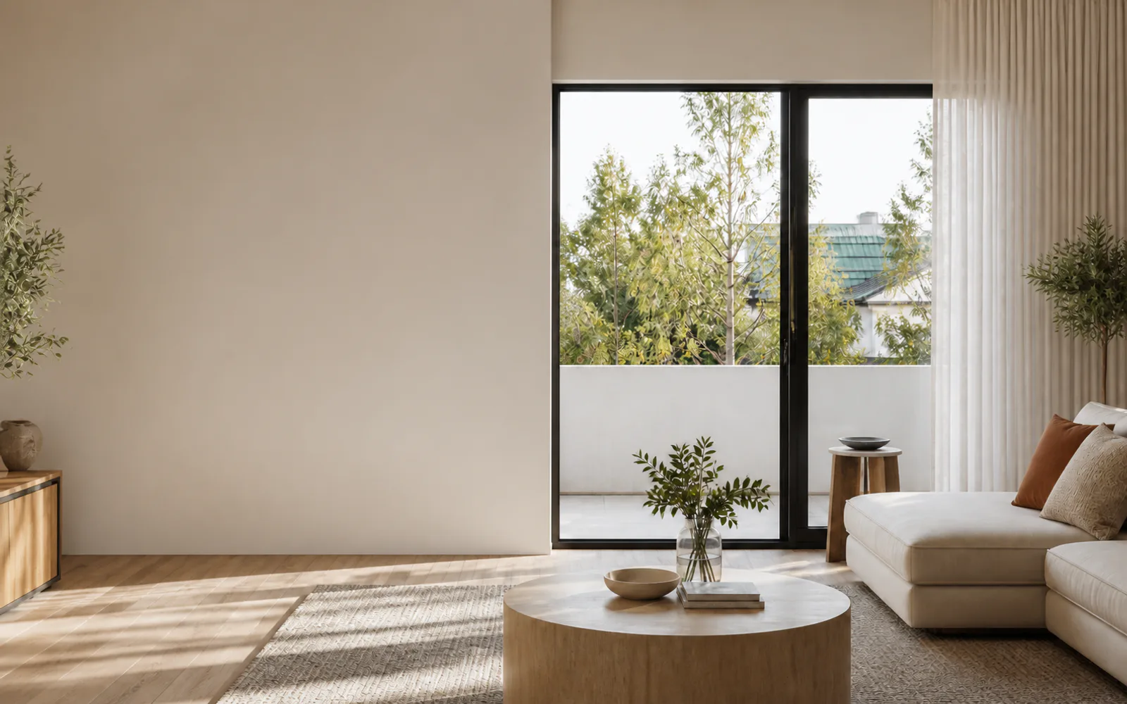 Sheer curtain opening onto a bright modern living room